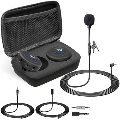 PyleUsa Wireless Low-Latency Transmitter / Receiver Set - for Presentations, Projectors, TV, Soundbar, Streaming, 3.5mm AUX & RCA Input and Output Interface, Includes Lavalier Mic