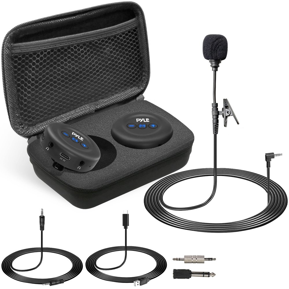 PyleUsa Wireless Low-Latency Transmitter / Receiver Set - for Presentations, Projectors, TV, Soundbar, Streaming, 3.5mm AUX & RCA Input and Output Interface, Includes Lavalier Mic