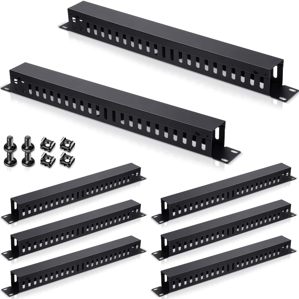 8 Pieces 19 Inch Cable Manager 1U 24 Slot Horizontal Server Rack Mount Cable Management Organizer Raceway Metal Finger Duct with Cover and Screw for Wire Network Wall Cord, Black