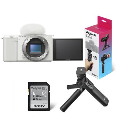 Sony ZV-E10 APS-C Mirrorless Interchangeable Lens Vlogging Camera, White - Bundle ACCVC1 Vlogger Accessory Kit (Shooting Grip & 64GB UHS-II SDXC Card)