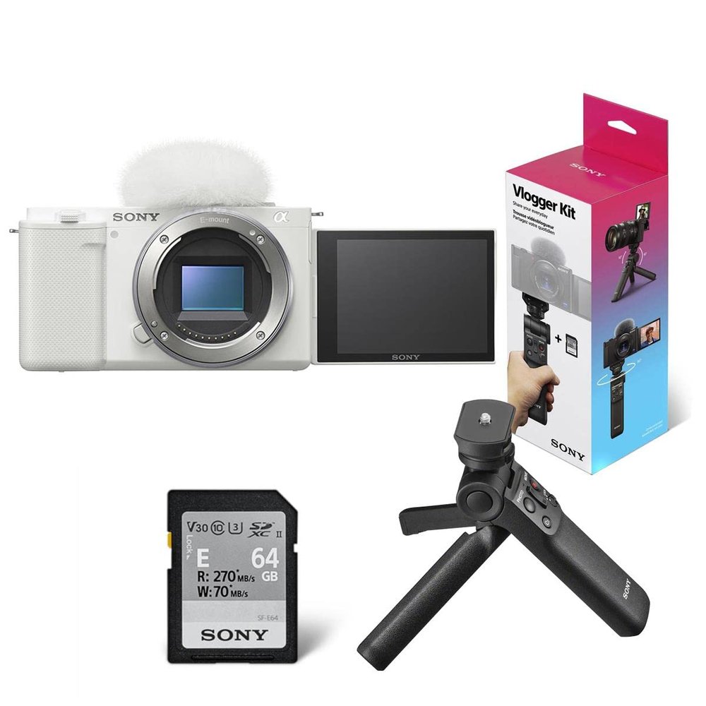 Sony ZV-E10 APS-C Mirrorless Interchangeable Lens Vlogging Camera, White - Bundle ACCVC1 Vlogger Accessory Kit (Shooting Grip & 64GB UHS-II SDXC Card)