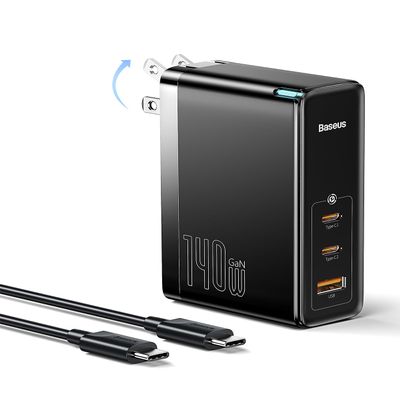 Baseus 140W USB C Wall Charger PD 3.1 with 3.3ft USB C to C Cable, 3-Port GaN5 Charger for Laptops, iPad Pro, iPhone 15/Pro/14/13 Series, Galaxy S23/S22, MacBook Pro 16'', Steam Deck, Black