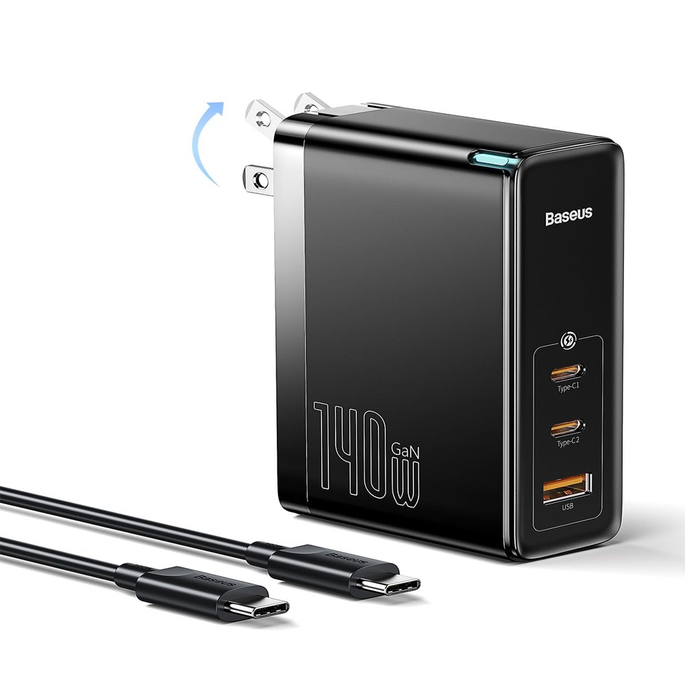 Baseus 140W USB C Wall Charger PD 3.1 with 3.3ft USB C to C Cable, 3-Port GaN5 Charger for Laptops, iPad Pro, iPhone 15/Pro/14/13 Series, Galaxy S23/S22, MacBook Pro 16'', Steam Deck, Black