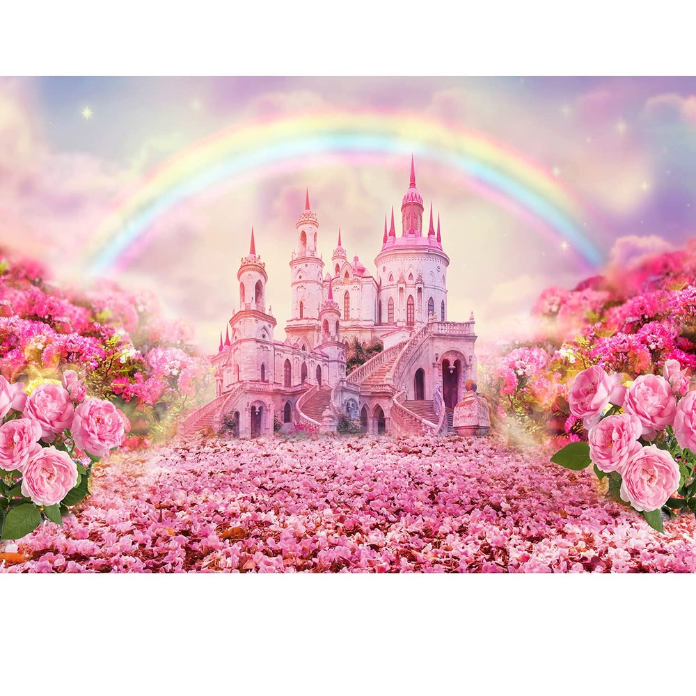 SJOLOON Castle Backdrop Sping Pink Flower Kids Birthday Party Banner Rainbow Photography Background Studio Props 12443(8x6FT)
