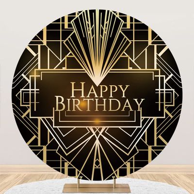 Leyiyi 5x5ft Luxurious Round Backdrop Luxury Geometric 1920s Black and Gold Background for Photography Happy Birthday Circle Backdrop Cover Adults Kids Birthday Baby Shower Decor Photo Booth Props