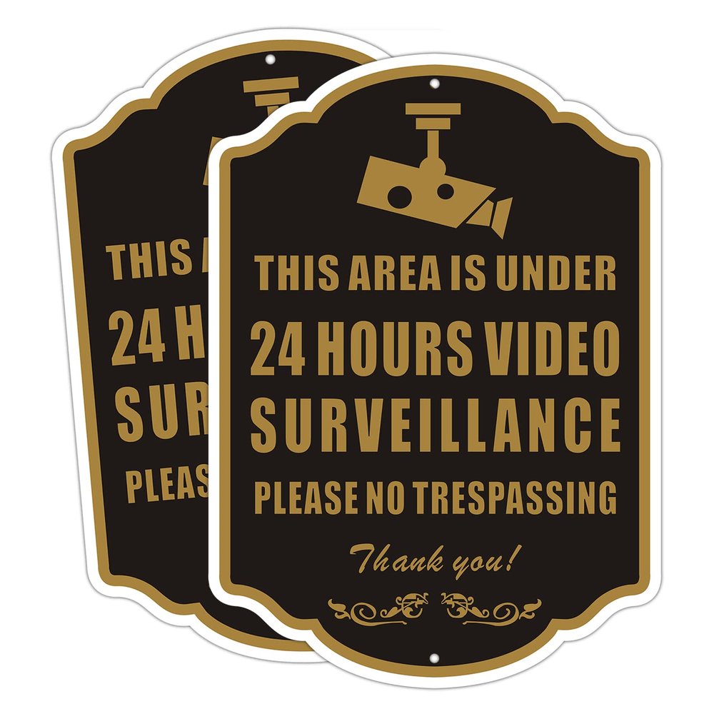 2 Pack No Trespassing Sign 24 Hour Video Surveillance Warning Sign, Aluminum Security Rust Free Aluminum Metal Sign Easy Mounting for Privite and Public Places, 10 x 14 Inches