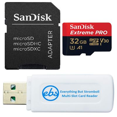 SanDisk Extreme Pro U3 V30 A1 32GB microSDHC Memory Card for DJI Drones Works with Avata and Goggles 2 (SDSQXCG-032G-GN6MA) Class 10 Bundle with 1 Everything But Stromboli MicroSDHC & SD Card Reader