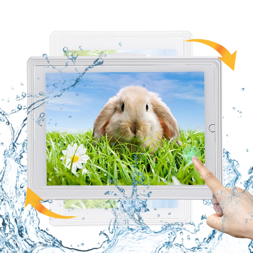 ABHILWY Shower Tablet Holder Waterproof Compatible with Ipad, Wall Mounted Bathroom Tablet Case 360 Rotation,Adhesive Touchable Cradle with Glass Anti-Fog Screen for Bathtub Kitchen White R