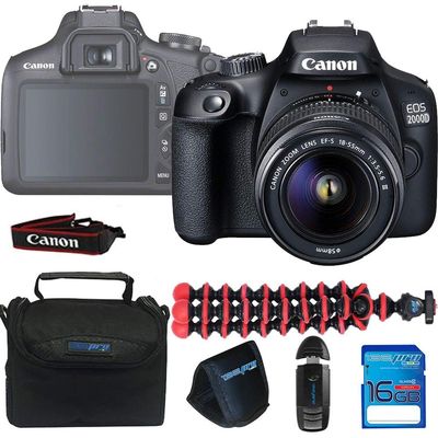 EOS 2000D / Rebel T7 Camera with EF-S 18-55mm f/3.5-5.6 III Lens (Black) + 16GB Memory Card + Pixi Basic Accessories (Renewed)