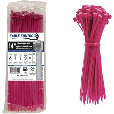 Kable Kontrol Fluorescent Pink Zip Ties 14 Inch 100 Pcs, 50 Lbs Tensile Strength, Self-locking Nylon Colored Cable Ties Wire Wraps for Indoor or Outdoor Use