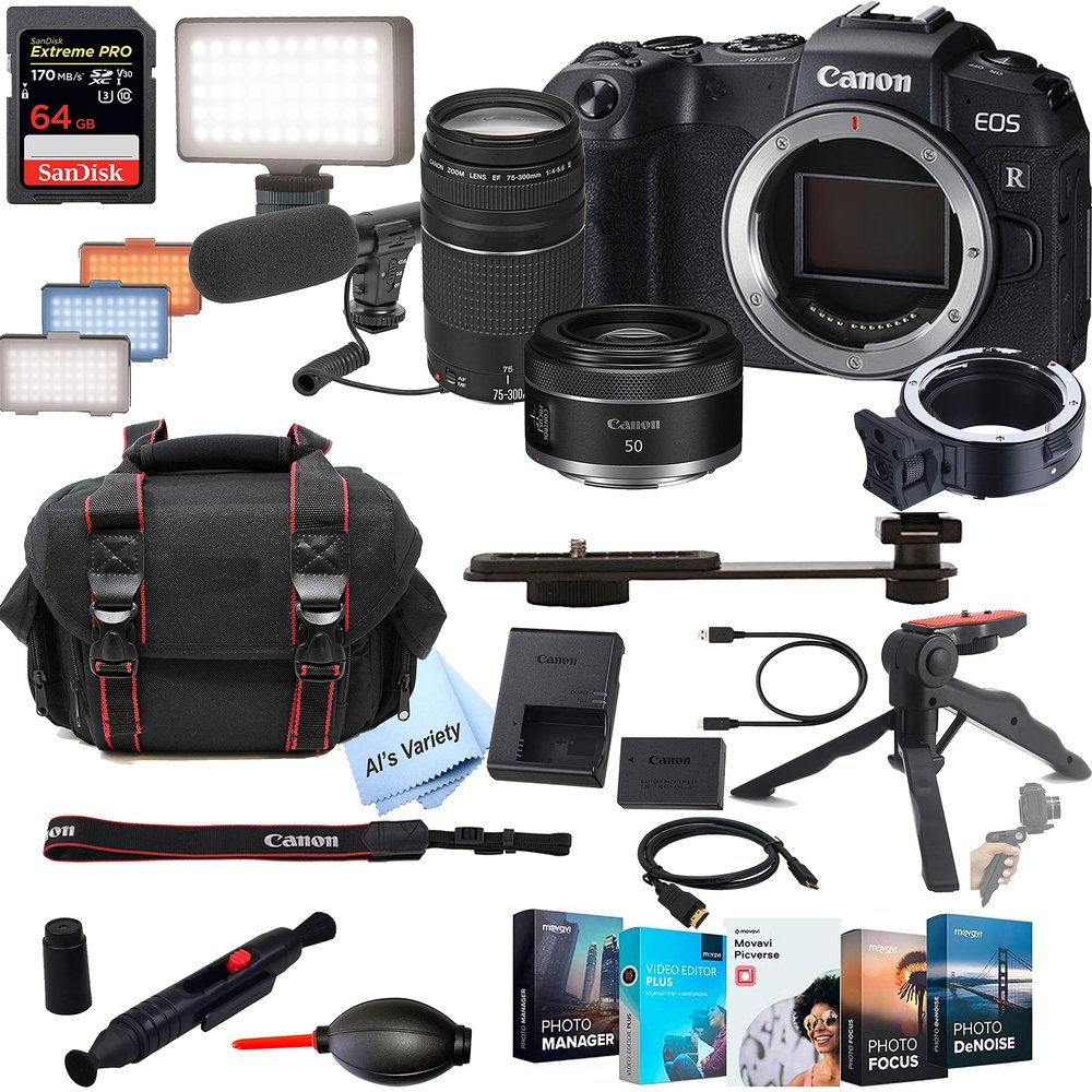 Al Variety-Canon Intl Canon EOS RP Mirrorless Digital Camera with RF 50mm f/1.8 STM Lens Bundle + 75-300mm F/4-5.6 III Lens + 128GB Memory + Case + Filters + Tripod (26pc Bundle) (Renewed)