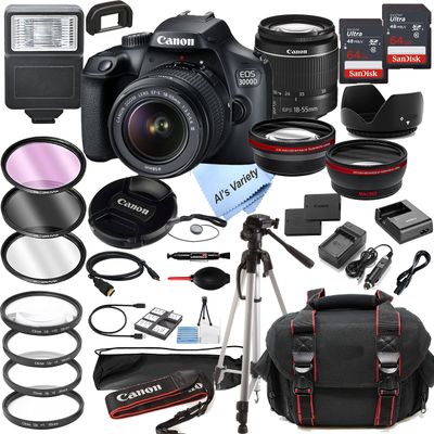 Canon EOS 3000D (Rebel T100) DSLR Camera w/EF-S 18-55mm F/3.5-5.6 Zoom Lens + 128GB Memory + Case + Tripod + Filters (36pc Bundle) (Renewed)