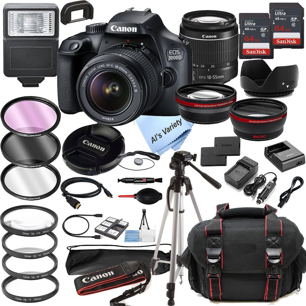 Canon EOS 3000D (Rebel T100) DSLR Camera w/EF-S 18-55mm F/3.5-5.6 Zoom Lens + 128GB Memory + Case + Tripod + Filters (36pc Bundle) (Renewed)