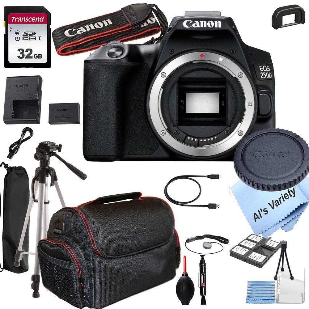 Canon EOS 250D (Rebel Sl3) DSLR Camera Body Only (No Lens) + 32GB Memory + Case + Tripod (20pc Bundle) (Renewed)