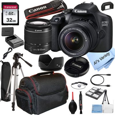 Canon EOS 2000D (Rebel T7) DSLR Camera w/EF-S 18-55mm F/3.5-5.6 Zoom Lens + 32GB Memory + Case + Tripod (20pc Bundle) (Renewed)