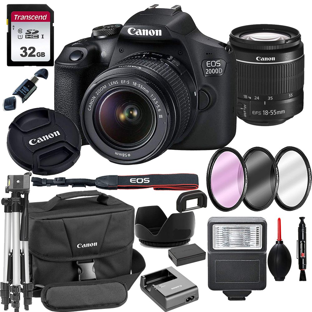 Canon 2000D EOS DSLR Camera with 18-55mm f/3.5-5.6 Zoom Lens + 32GB Card, Tripod, Flash, and More (18pc Bundle) (Renewed)