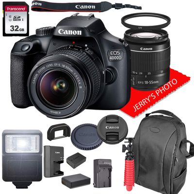 Canon EOS 4000D DSLR Camera w/ 18-55mm F/3.5-5.6 Zoom Lens + Backpack Case + 32GB SD Card (16pc Bundle) (Renewed)