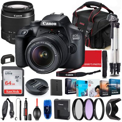 Canon EOS 3000D (Rebel T100) DSLR Camera with 18-55mm Lens Bundle + Premium Accessory Bundle Including 64GB Memory, Filters, Photo/Video Software Package, Shoulder Bag & More (Renewed)
