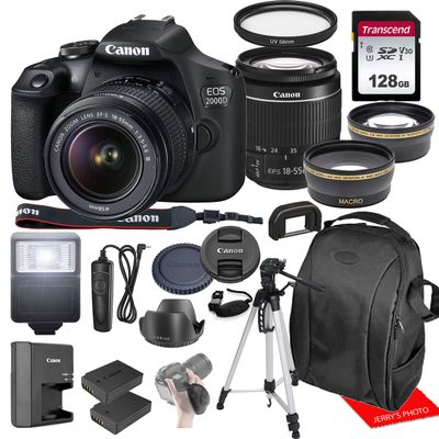 Canon EOS 2000D / Rebel T7 w/Canon EF-S 18-55mm F/3.5-5.6 III Zoom Lens & Professional Accessory Bundle W/ 128GB Memory Card & Back-Pack Case & Spare Battery & More (Renewed)