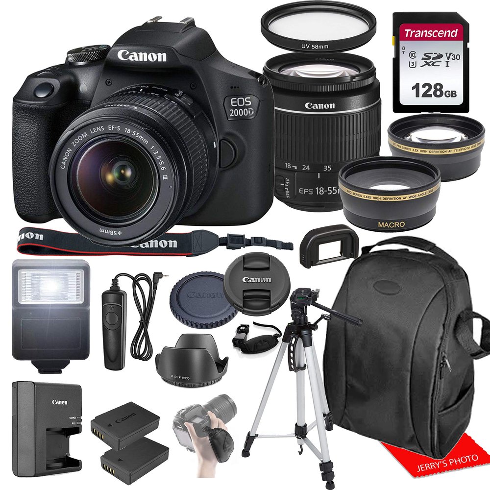 Canon EOS 2000D / Rebel T7 w/Canon EF-S 18-55mm F/3.5-5.6 III Zoom Lens & Professional Accessory Bundle W/ 128GB Memory Card & Back-Pack Case & Spare Battery & More (Renewed)