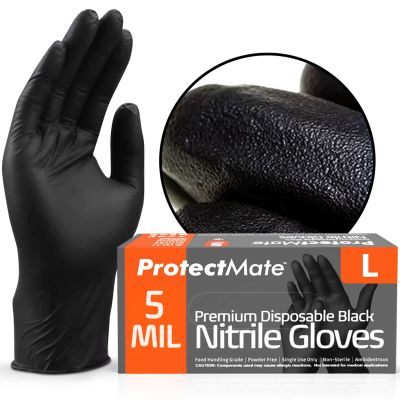 Protectmate 5 Mil Black Nitrile Gloves for Food Prep - Textured Food Prep Gloves - Food Handling Disposable Latex Free for Cooking, Catering, Food Service - Medium (Box of 100)