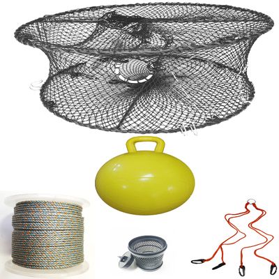 KUFA Sports Foldable Prawn Trap (Stretched Mesh Size:1-3/4") with 400' Rope, Yellow Float, Bait Bag & Harness Combo (PRN59+PNQ5+HA2)