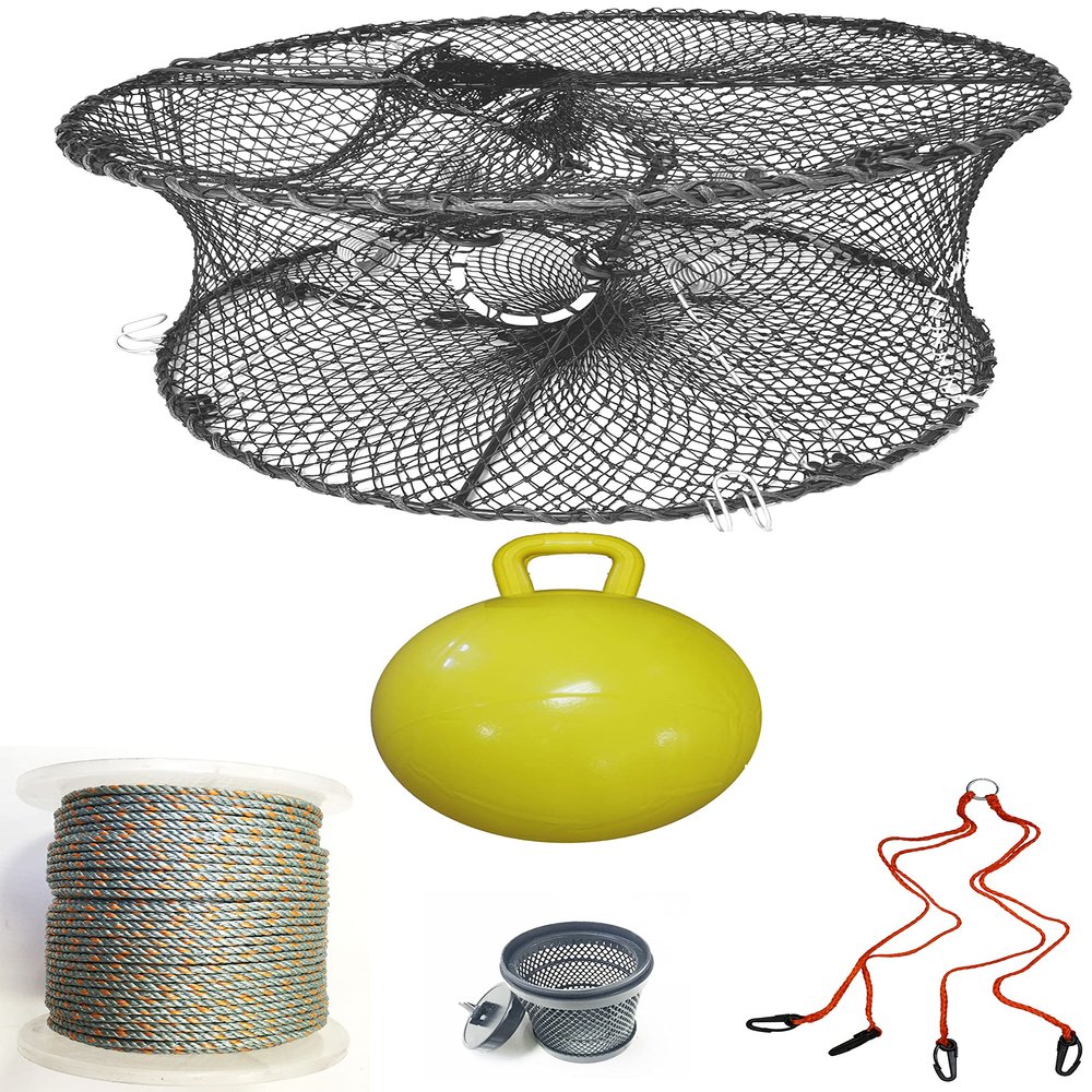 KUFA Sports Foldable Prawn Trap (Stretched Mesh Size:1-3/4") with 400' Rope, Yellow Float, Bait Bag & Harness Combo (PRN59+PNQ5+HA2)