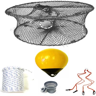 KUFA Sports Foldable Prawn Trap (Stretched Mesh Size:1-3/4") with 400' Rope, Yellow Float, Bait Bag & Harness Combo (PRN59+PNM38Y+HA2)