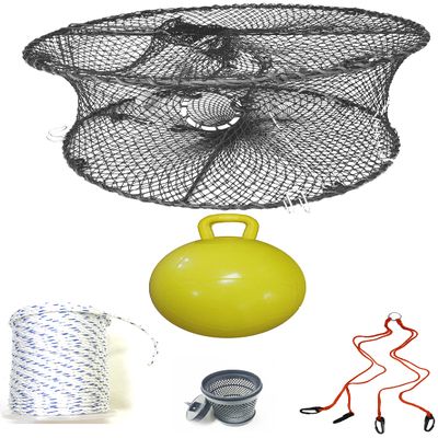 KUFA Sports Foldable Prawn Trap (Stretched Mesh Size:1-3/4") with 400' Rope, Yellow Float, Bait Bag & Harness Combo (PRN59+PNS5+HA2)