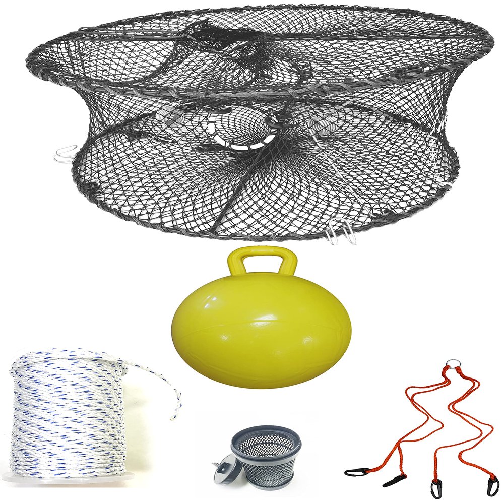 KUFA Sports Foldable Prawn Trap (Stretched Mesh Size:1-3/4") with 400' Rope, Yellow Float, Bait Bag & Harness Combo (PRN59+PNS5+HA2)