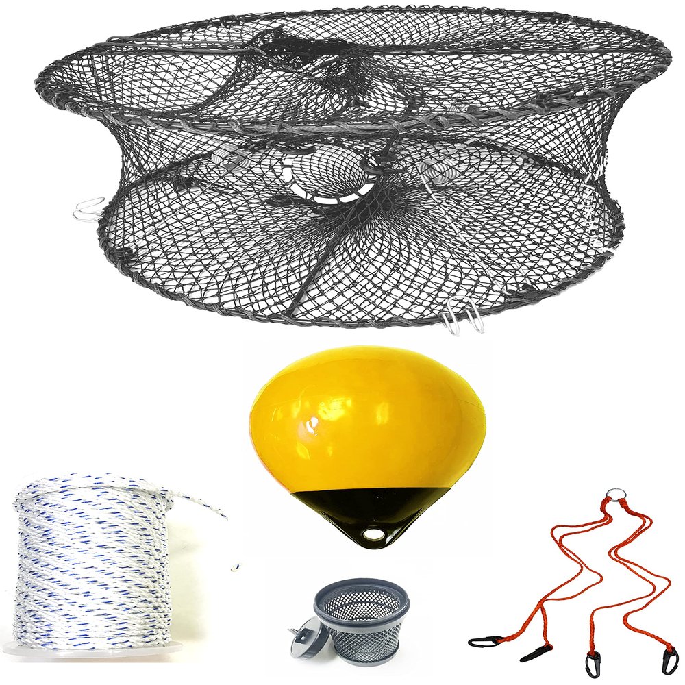 KUFA Sports Foldable Prawn Trap (Stretched Mesh Size:1-3/4") with 400' Rope, Yellow Float, Bait Bag & Harness Combo (PRN59+PNS30Y+HA2)