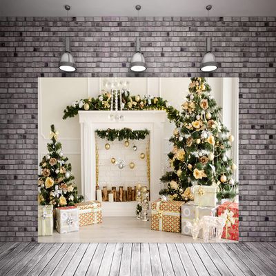 10x10ft Christmas White Brick Wall Fireplace Background Tree Background Small Colored Lights Christmas Party Decoration Banner
