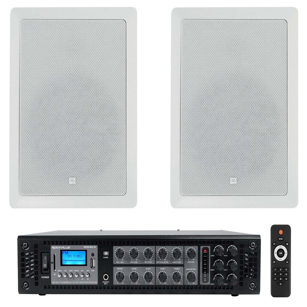 Rockville (2) JBL Control 128 WT 8" 50w Commercial 70v in-Wall Speakers Bundle Amp for Restaurant (3 Items)