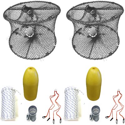 2-Pack of KUFA Sports Foldable Prawn Trap (Stretched Mesh Size:1-3/4") with 400' Rope, Yellow Float, Bait Bag & Harness Combo (PRN59+PNS3+HA2) x2