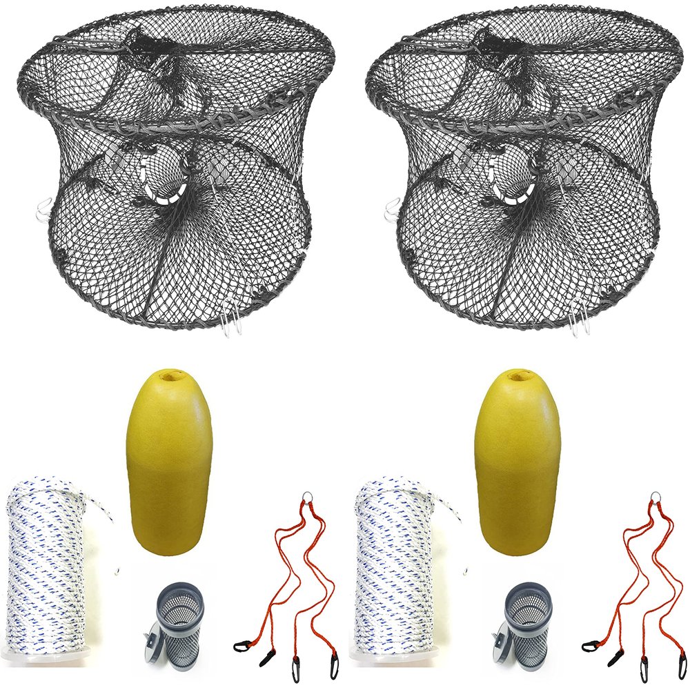 2-Pack of KUFA Sports Foldable Prawn Trap (Stretched Mesh Size:1-3/4") with 400' Rope, Yellow Float, Bait Bag & Harness Combo (PRN59+PNS3+HA2) x2