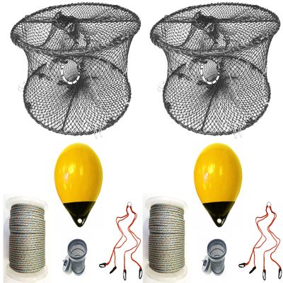 2-Pack of KUFA Sports Foldable Prawn Trap (Stretched Mesh Size:1-3/4") with 400' Rope, Yellow Float, Bait Bag & Harness Combo (PRN59+PNL30Y+HA2) x2
