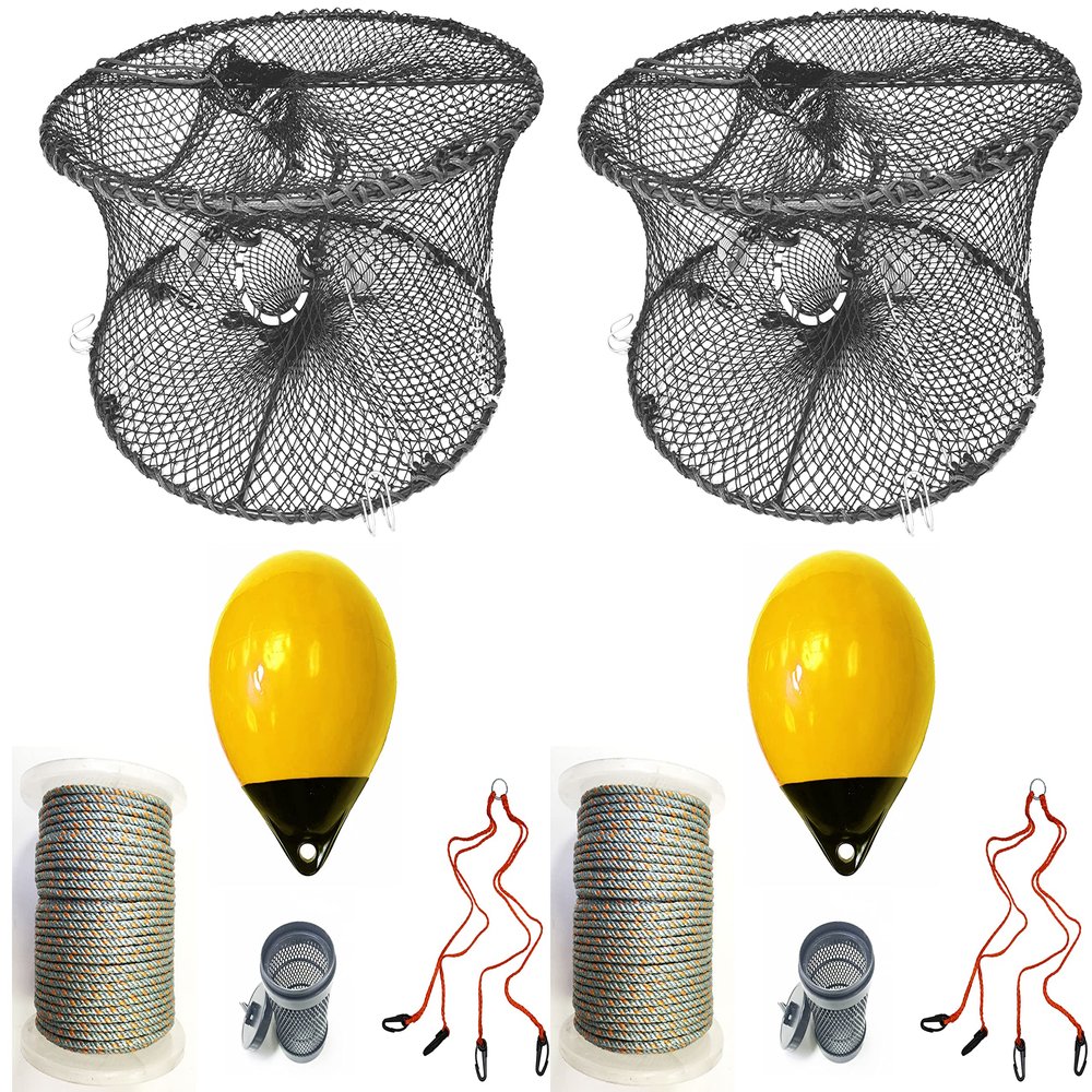 2-Pack of KUFA Sports Foldable Prawn Trap (Stretched Mesh Size:1-3/4") with 400' Rope, Yellow Float, Bait Bag & Harness Combo (PRN59+PNL30Y+HA2) x2
