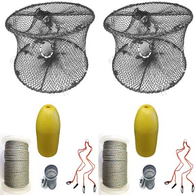 2-Pack of KUFA Sports Foldable Prawn Trap (Stretched Mesh Size:1-3/4") with 400' Rope, Yellow Float, Bait Bag & Harness Combo (PRN59+PNL1+HA2) x2