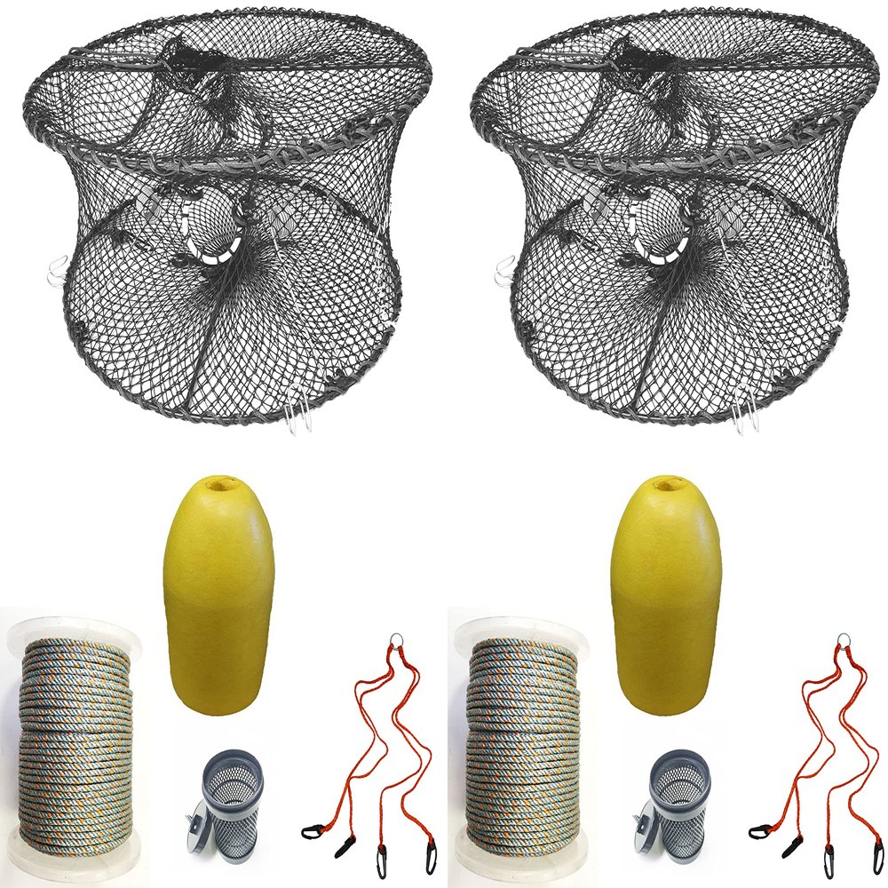 2-Pack of KUFA Sports Foldable Prawn Trap (Stretched Mesh Size:1-3/4") with 400' Rope, Yellow Float, Bait Bag & Harness Combo (PRN59+PNL1+HA2) x2
