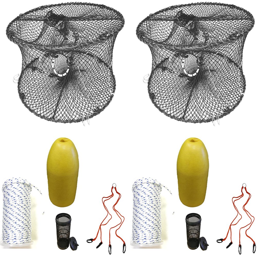 2-Pack of KUFA Sports Foldable Prawn Trap (Stretched Mesh Size:1-3/4") with 400' Rope, Yellow Float, Bait Bag & Harness Combo (PRN59+PHM3+HA2) x2