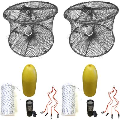 2-Pack of KUFA Sports Foldable Prawn Trap (Stretched Mesh Size:1-3/4") with 400' Rope, Yellow Float, Bait Bag & Harness Combo (PRN59+PHS1+HA2) x2
