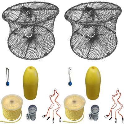2-Pack of KUFA Sports Foldable Prawn Trap (Stretched Mesh Size:1-3/4") with 400' Rope, Yellow Float, Bait Bag & Harness Combo (PRN59+PNP1+HA2) x2