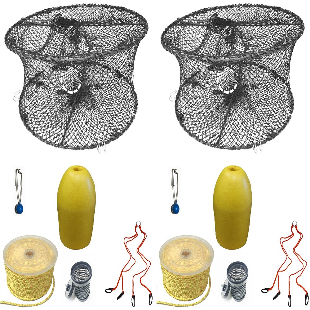 2-Pack of KUFA Sports Foldable Prawn Trap (Stretched Mesh Size:1-3/4") with 400' Rope, Yellow Float, Bait Bag & Harness Combo (PRN59+PNP1+HA2) x2