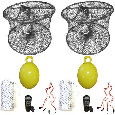 2-Pack of KUFA Sports Foldable Prawn Trap (Stretched Mesh Size:1-3/4") with 400' Rope, Yellow Float, Bait Bag & Harness Combo (PRN59+PHS5+HA2) x2