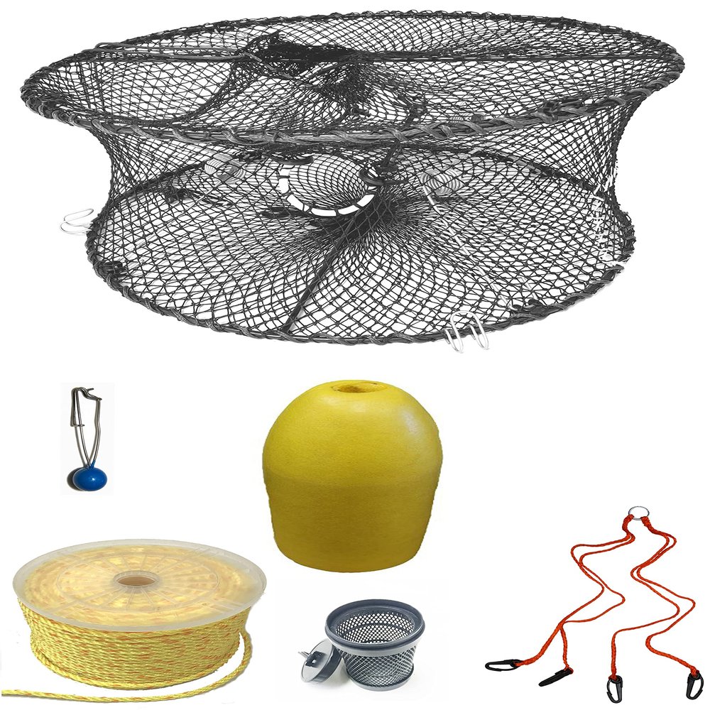 KUFA Sports Foldable Prawn Trap (Stretched Mesh Size:1-3/4") with 400' Rope, Yellow Float, Bait Bag & Harness Combo PRN59+PNP3+HA2