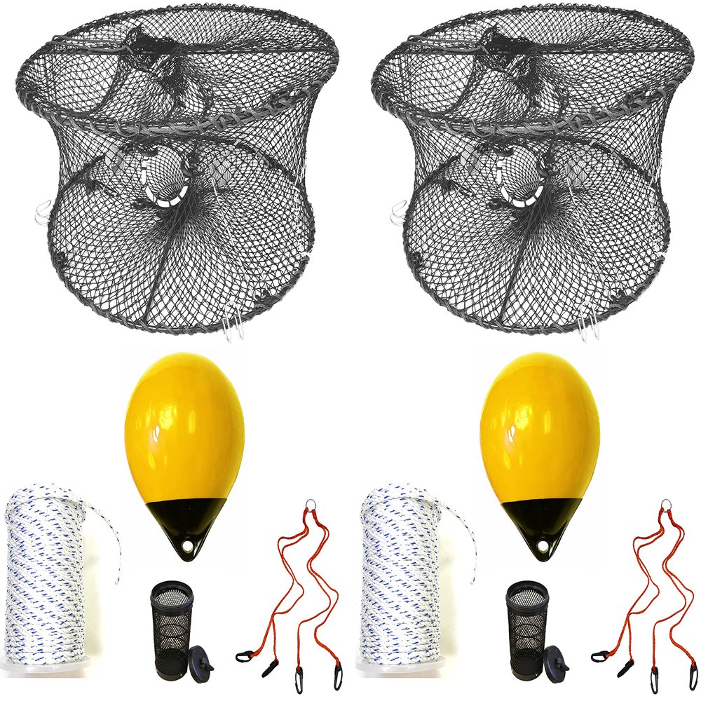 2-Pack of KUFA Sports Foldable Prawn Trap (Stretched Mesh Size:1-3/4") with 400' Rope, Yellow Float, Bait Bag & Harness Combo (PRN59+PHM30Y+HA2) x2
