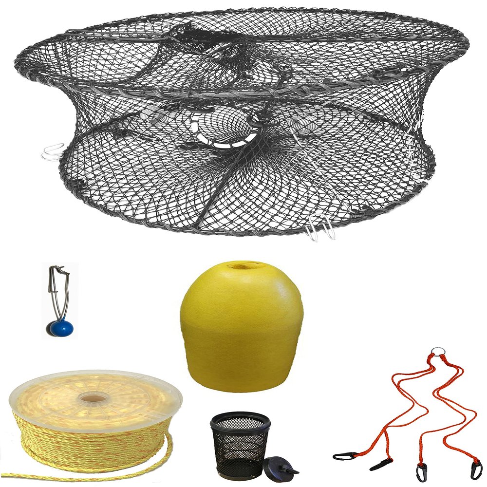 KUFA Sports Foldable Prawn Trap (Stretched Mesh Size:1-3/4") with 400' Rope, Yellow Float, Bait Bag & Harness Combo (PRN59+PHPH1)