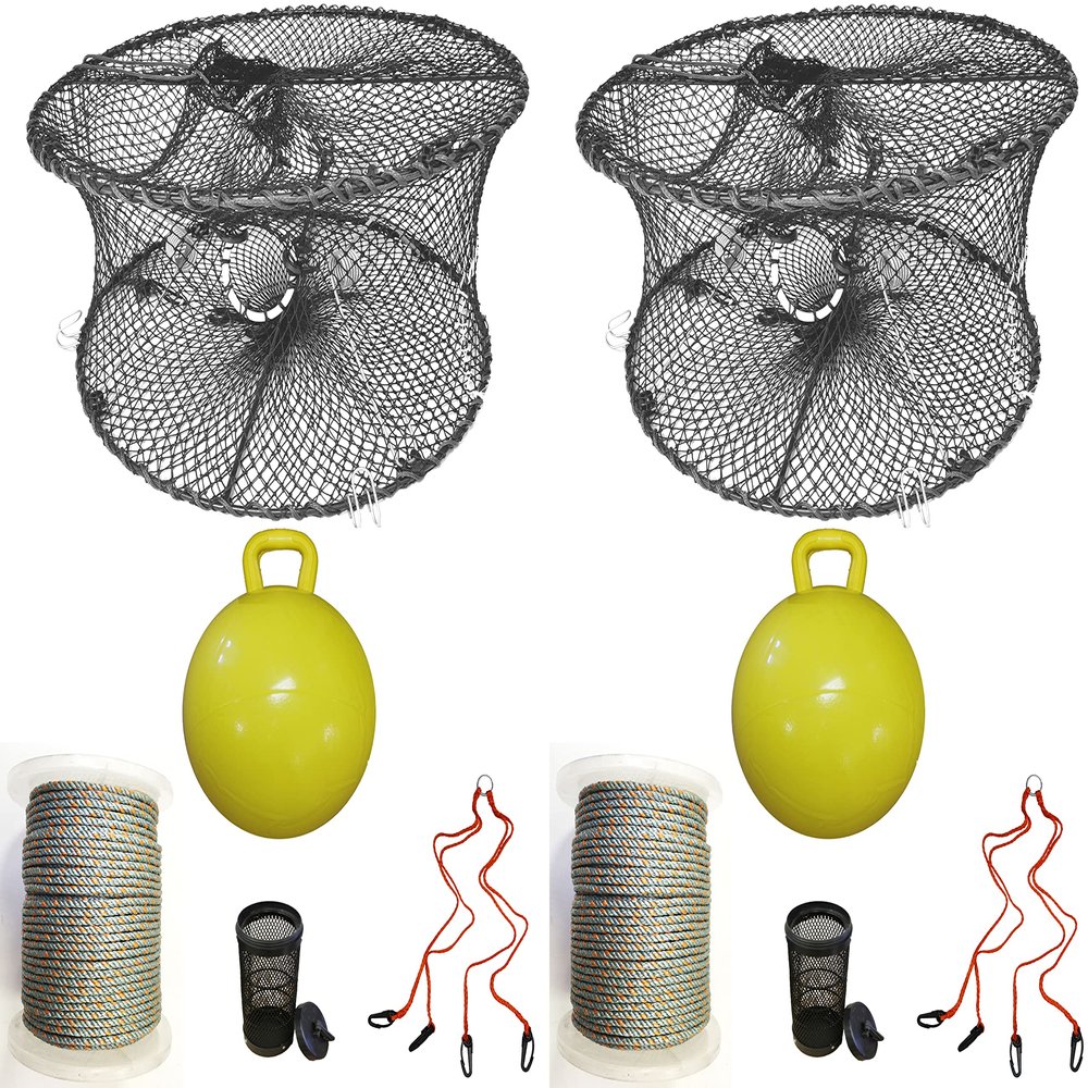 2-Pack of KUFA Sports Foldable Prawn Trap (Stretched Mesh Size:1-3/4") with 400' Rope, Yellow Float, Bait Bag & Harness Combo (PRN59+PHQ5+HA2) x2