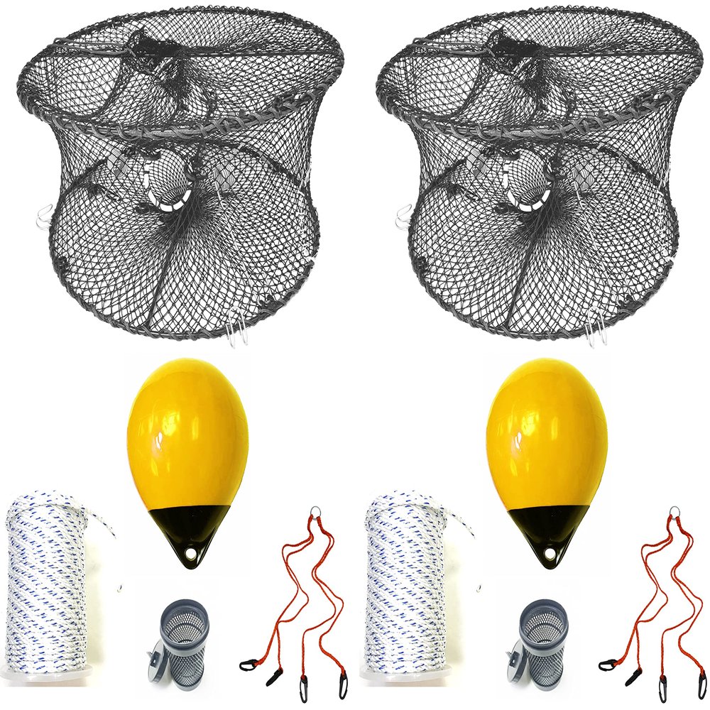2-Pack of KUFA Sports Foldable Prawn Trap (Stretched Mesh Size:1-3/4") with 400' Rope, Yellow Float, Bait Bag & Harness Combo (PRN59+PNS30Y+HA2) x2