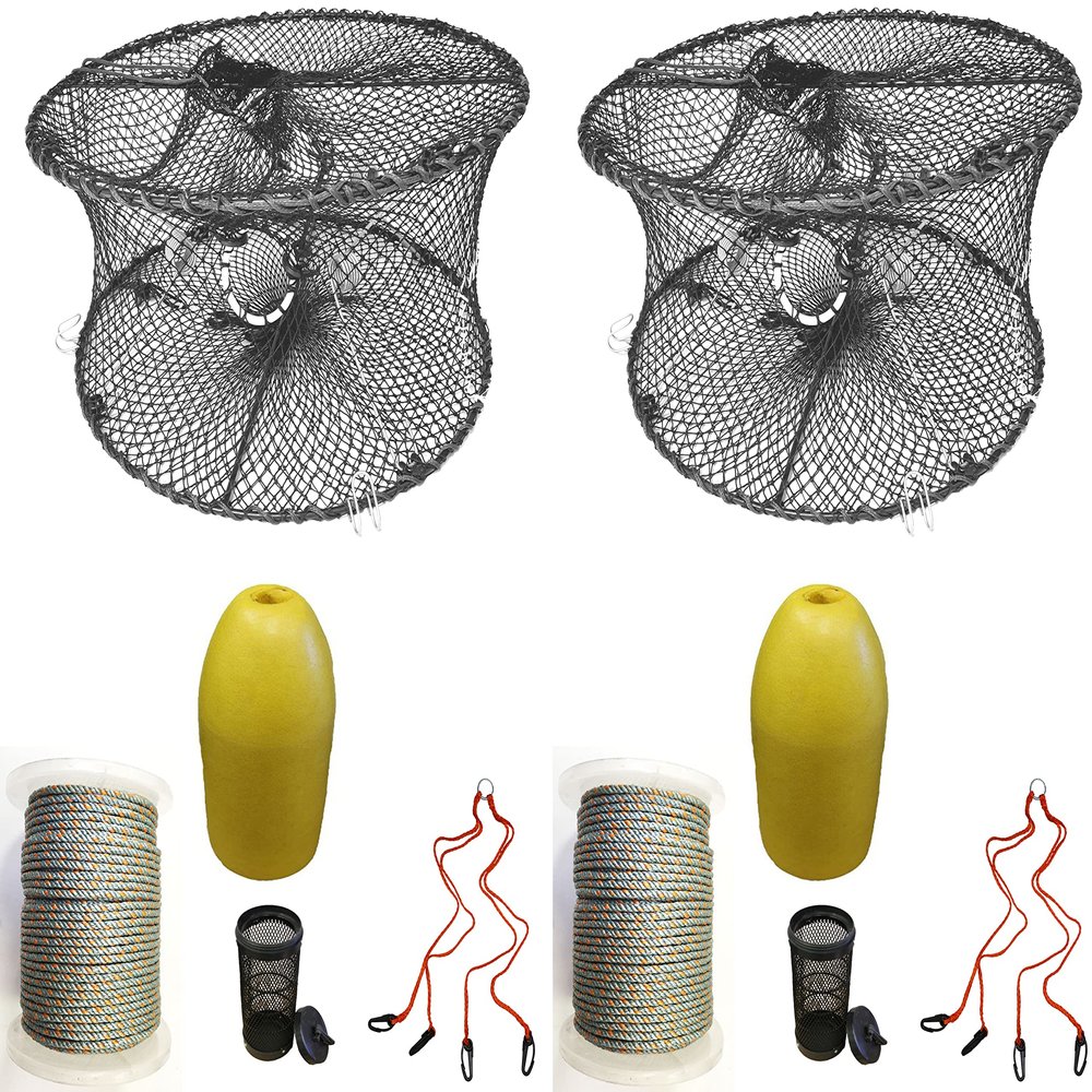 2-Pack of KUFA Sports Foldable Prawn Trap (Stretched Mesh Size:1-3/4") with 400' Rope, Yellow Float, Bait Bag & Harness Combo (PRN59+PHLH3) x2
